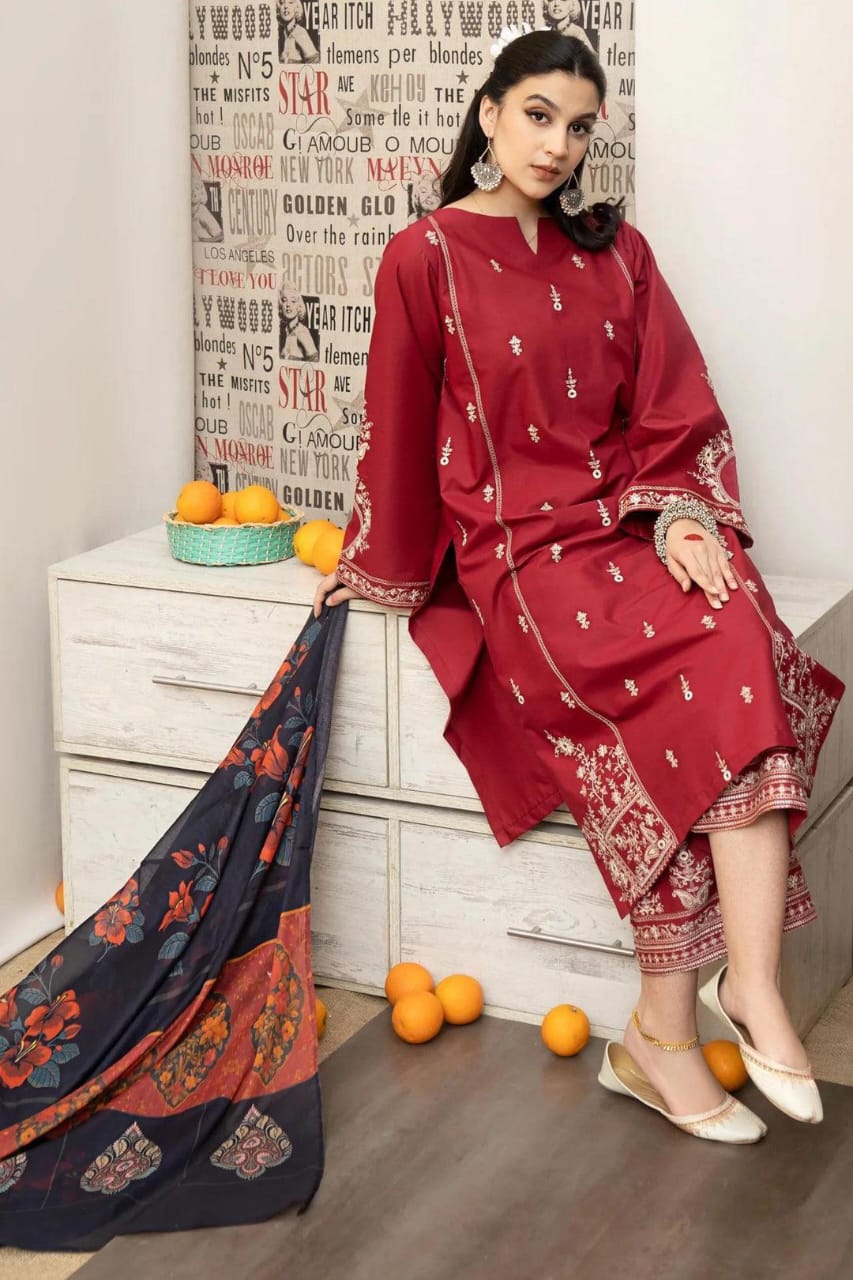 3 Pcs Women's Unstitched Embroidered Suit
